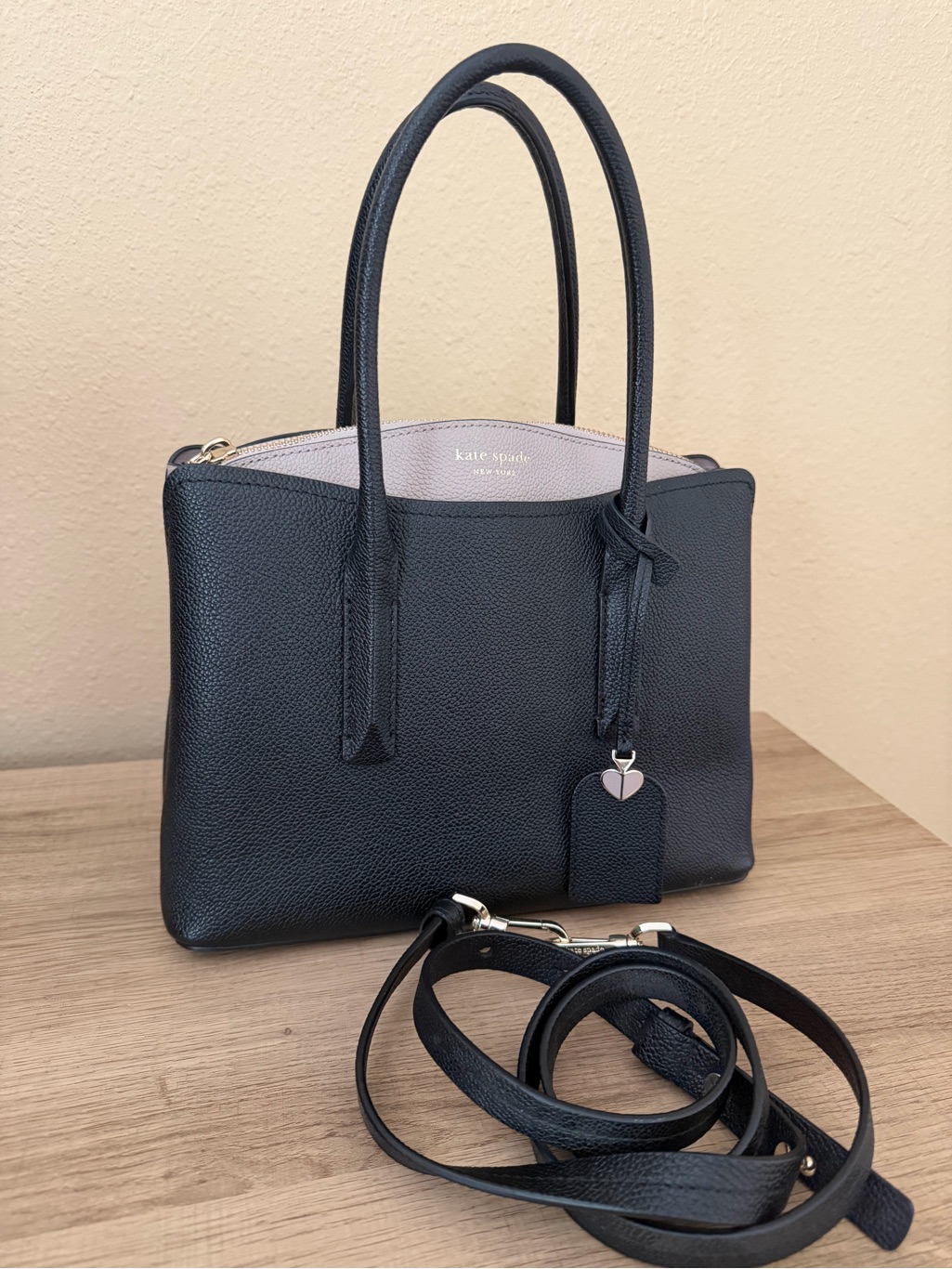 Kate Spade Black And Taupe Pebbled Leather Margaux Satchel With Removable Strap
